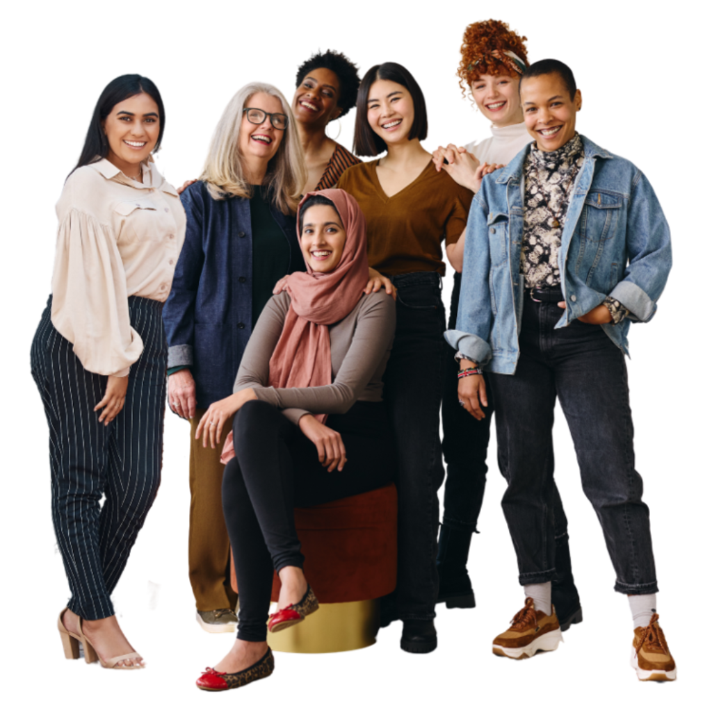 a group of women of different ages and ethnicities sitting and standing looking at the camera smiling.